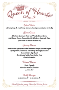 Queen of Hearts Private Tea Party Menu | The Mad Hatter Restaurant and Tea House